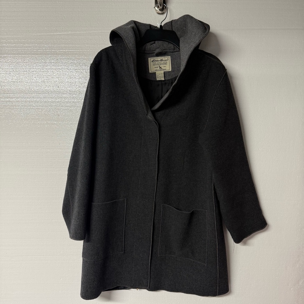 Vintage Eddie Bauer Coat Women M Gray Hood Button Front Wool Nylon Blend Pockets